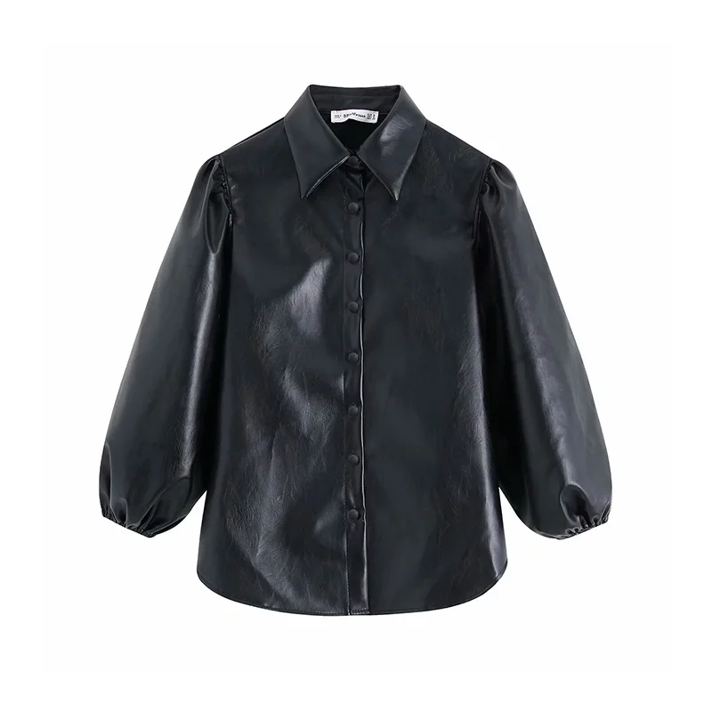 

women long sleeve shirts black loose PU jacket retro womens tops blouse Solid Turn-down Collar lantern Sleeve Vintage