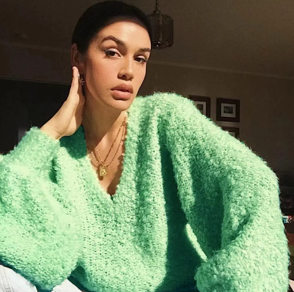 

Autumn winter Sweater women 2019 Casual Retro Lantern Sleeve pullovers Women Loose Lazy Wind Knit sweaters female pull femme