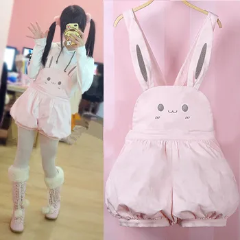 

Pink Kawaii Overalls Girl Summer Rompers Cute Bunny Lantern Shorts Lolita Jumper Cute Rabbit Japanese Suspender Strap Jumpsuits