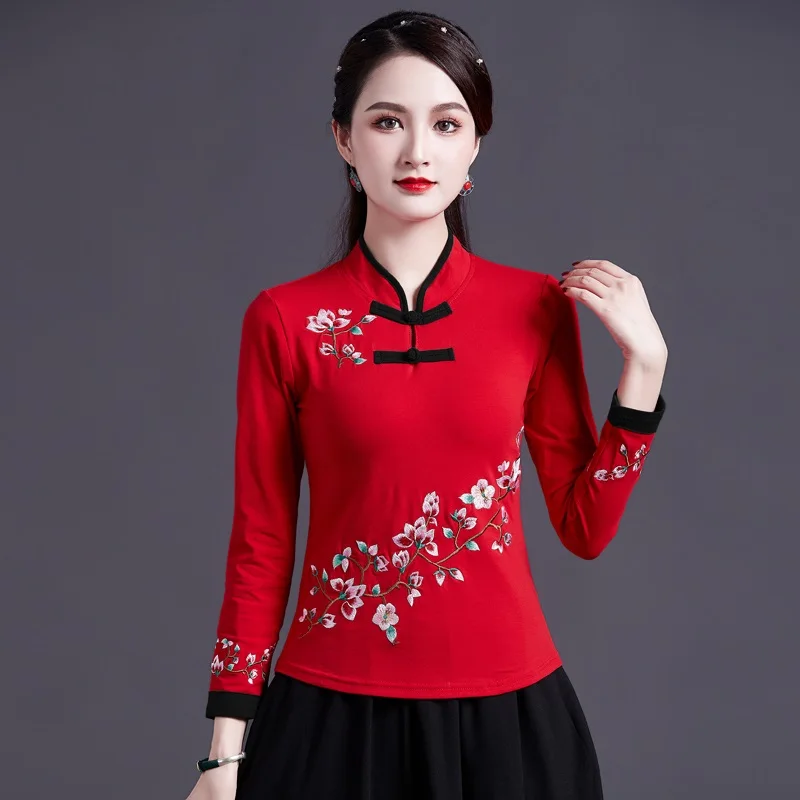 Chinese Style Clothing Women Hanfu Vintage Shirt Ethnic Tunic Patchwork Blouse And Top Women Ladies Chinese Tops V1932 women chinese shirt