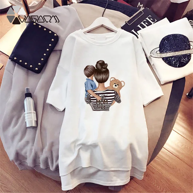 2021 Women Cartoon Print Dresses Mom and Kids Short Sleeve Mini Dress Loose Straight T-Shirt Robe Femme Casual Vestidos Kawaii D001A1288 White