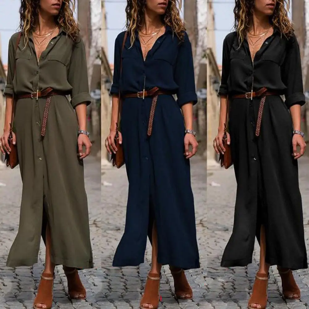 

Pure Color Maxi Dress 2019 Office Lady V Neck Long Shirt Dress Women Autumn Long Sleeve Dress Waist Belt Causal Vestido Robe