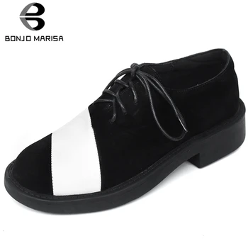 

BONJOMARISA New 33-42 Elegant Ladies Genuine Leather Suede Pumps Women Office Concise Patchwork Pumps Low Heels Shoes Woman