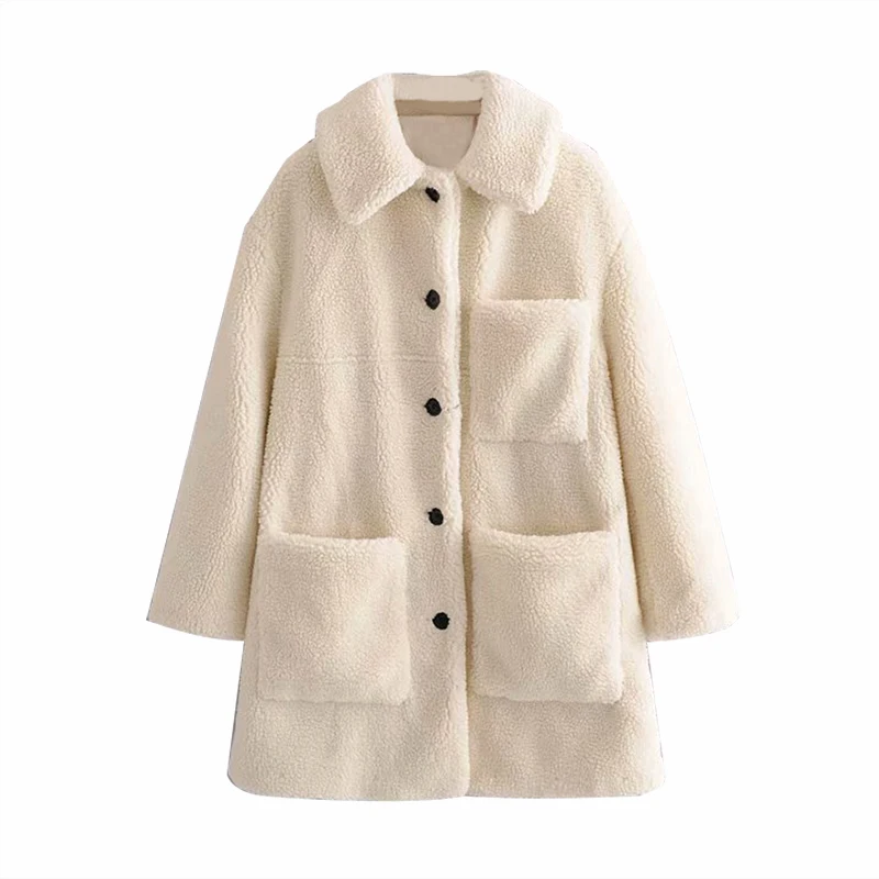 Модное однотонное плюшевое пальто для женщин, зимнее повседневное пальто средней длины с карманами из флиса, куртки с длинным рукавом из овечьей шерсти, куртка Женское пальто