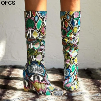 

2020 New Colorful Snake Skin Boots Pleated Boots Women High Heels Thick Mid-calf Boot Distressed Pointed Toe Zip Shoes Women