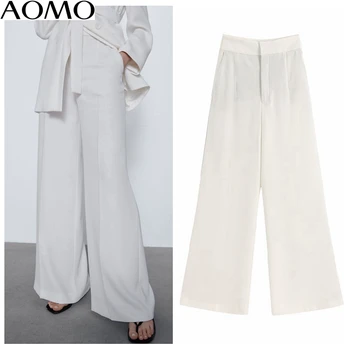 

AOMO fashion women white wide leg suit pants trousers pockets buttons office lady pants pantalon BE334A