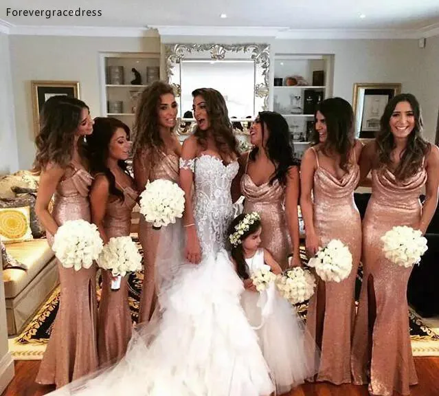 Sparkly Rose Gold Cheap 2016 Mermaid Side Split Bridesmaid Dresses Spaghetti Straps Sequins Backless Long Beach Wedding Party Gowns  80 (1)