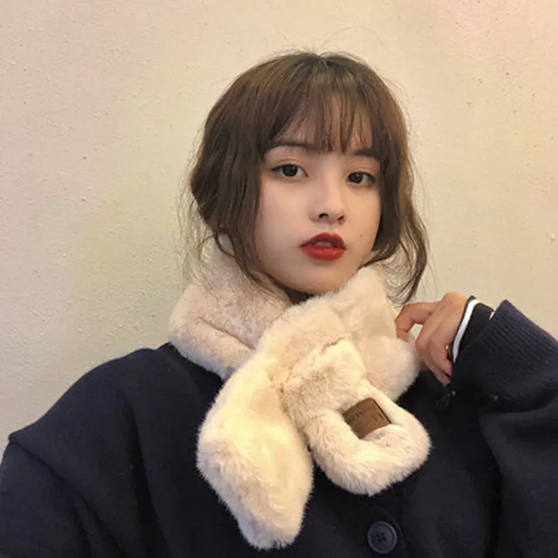 

Cross Scarf Female Winter Japanese Small Fresh Sticker Letter Heating Plush Neck Hundred Tide Scarf