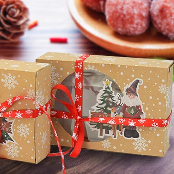 

6pcs Mix Types Christmas Cookie Boxes With Red Snowflake Ribbon European Kraft Paper Candy Box With Clear Window For Xmas Gifts
