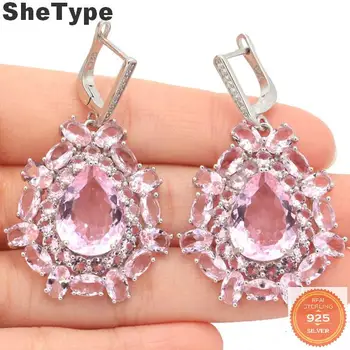 

47x29mm Pretty 13.8g Big Heavy Pink Kunzite Paris Blue Topaz CZ Gift Jewelry Making 925 Solid Sterling Silver Stud Earrings