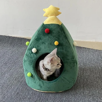 

Winter Pet Dog Bed Kennel Puppy Cave Warm Sleeping Nest Bed Christmas Tree Shape Warm Bed Cage Xmas New Year Decor Pet Supplies