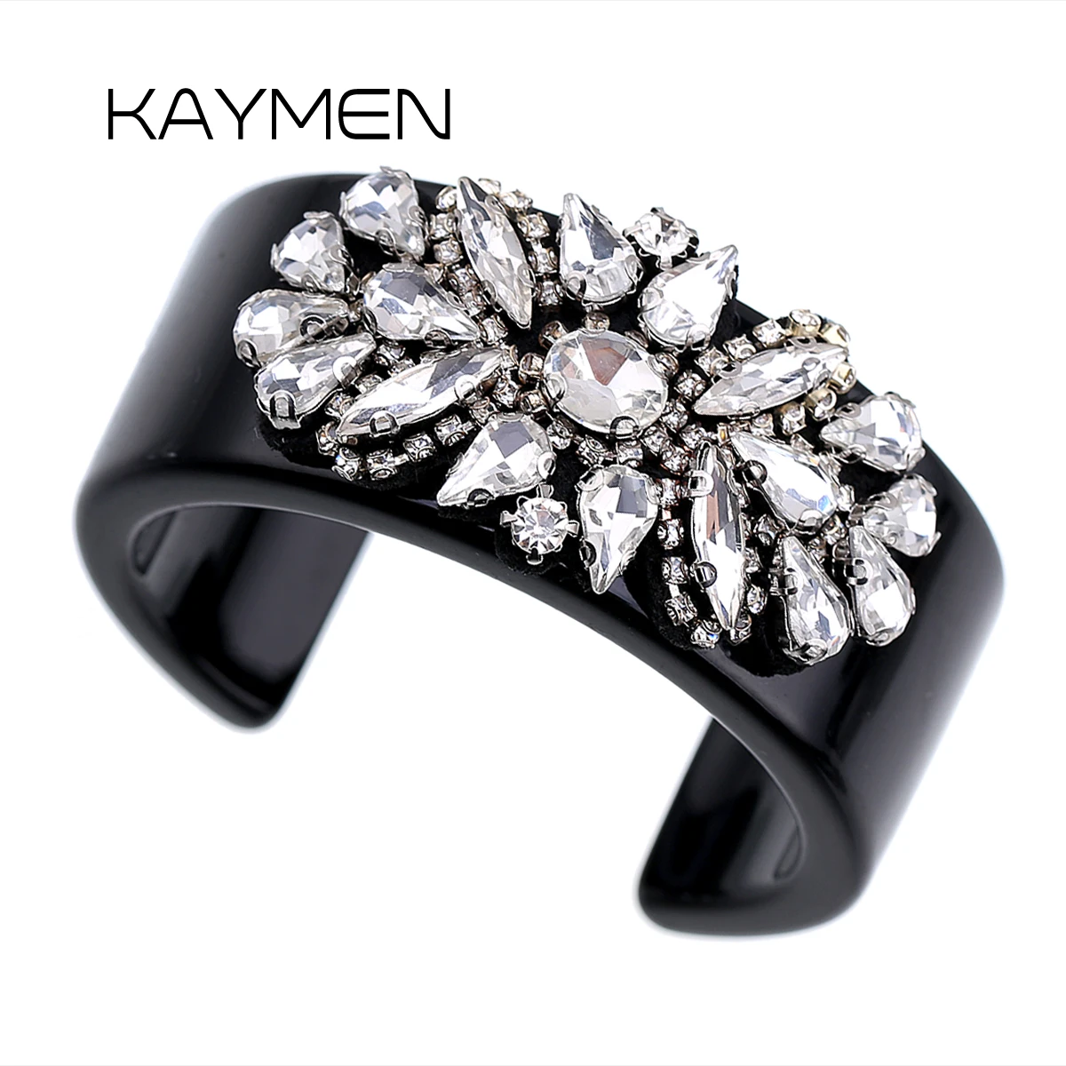 

KAYMEN Black Resin Cuff Bracelet Statement Bangle Inlaid Crystal Beads Flower Shape Crystal Bangle Fashion Bracelet for Women