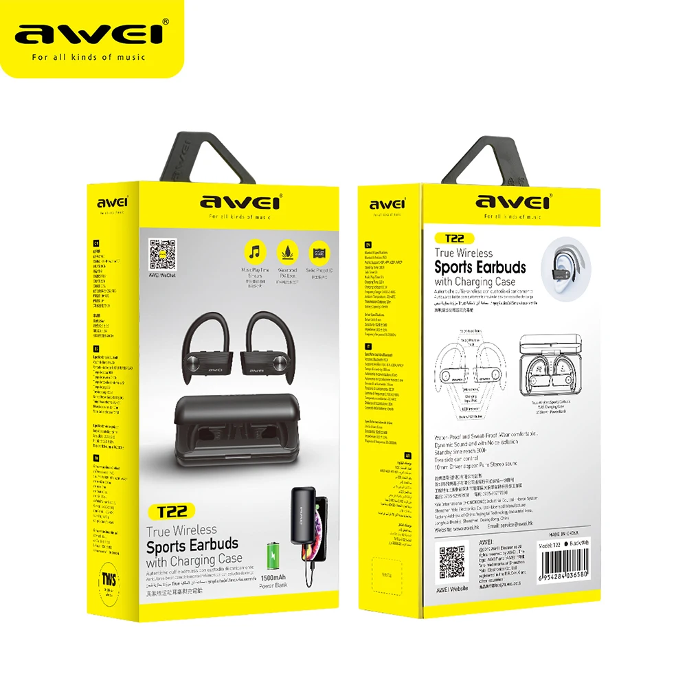 Awei T22 Ear Hook Bluetooth Earphones 1500mAh Charging Case Earbuds Outdoor TWS Headphone for Phone