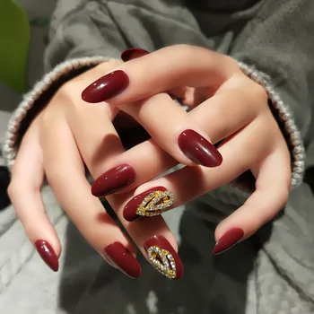 

24pcs/boxed Deep Red mid Long Style Fashion pre design acrylic nail tips Big Diamond Decoration fake nails with 2g glue for gril