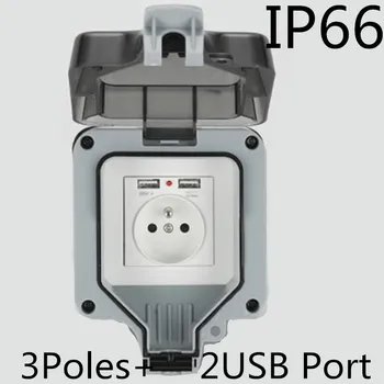 

IP66 outdoor waterproof wall switch EU standard wall socket 16A / 220-250V 3p plug 2USB port with indicated light