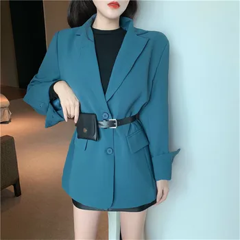 

Mazefeng New 2020 Autumn Winter Women's Blazers Blue Button Pockets Formal Jackets Notched Outerwear England Style Tops Size S M