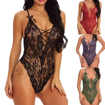 

New Fashion Women Sexy Bodysuit Cute Deep V-neck Lace Sleeveless Backless Bowknot Teddy Lingerie Bandage Underwear Sleepwear