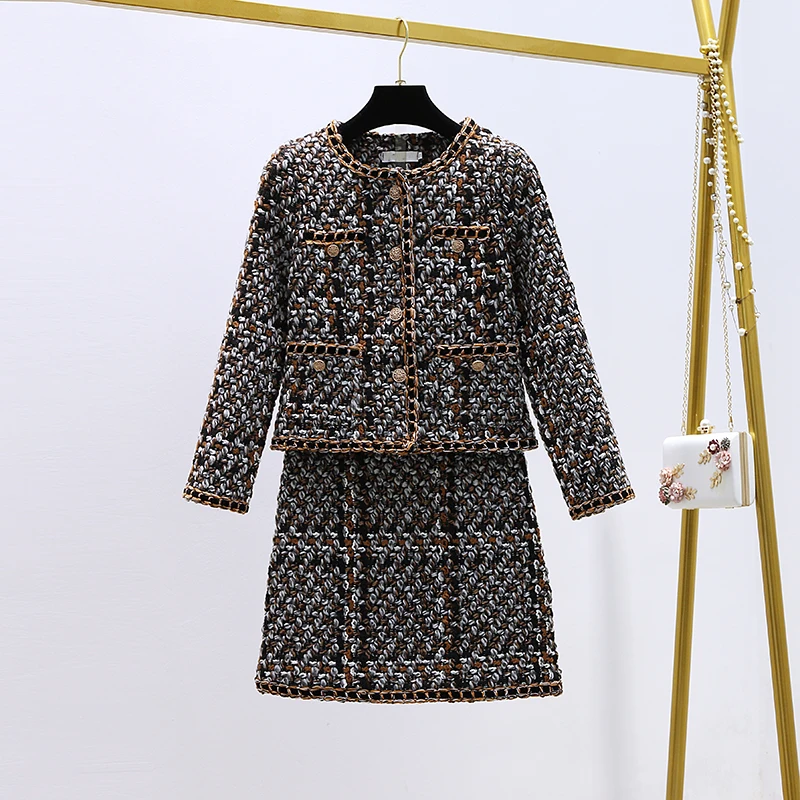 

Autumn Winter Runway Suit Set Women's Elegant Long Sleeve Weave Tweed Woolen Jacket Coat +Mini Skirt Set Plaid 2PCS Clothing Set