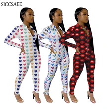 Lips Heart Butterfly Cartoon Printing Bandage Jumpsuits For Women 2020 Spring Zipper Front Bodycon Rompers Sexy Casual Leotard