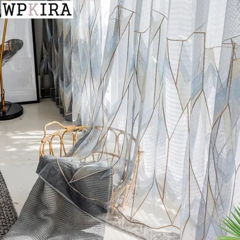 

Nordic Grey Geometric Sheer Curtain for Living Room Embroidery Voile Curtrain for Bedroom Bay Window Tulle Drape S445#40