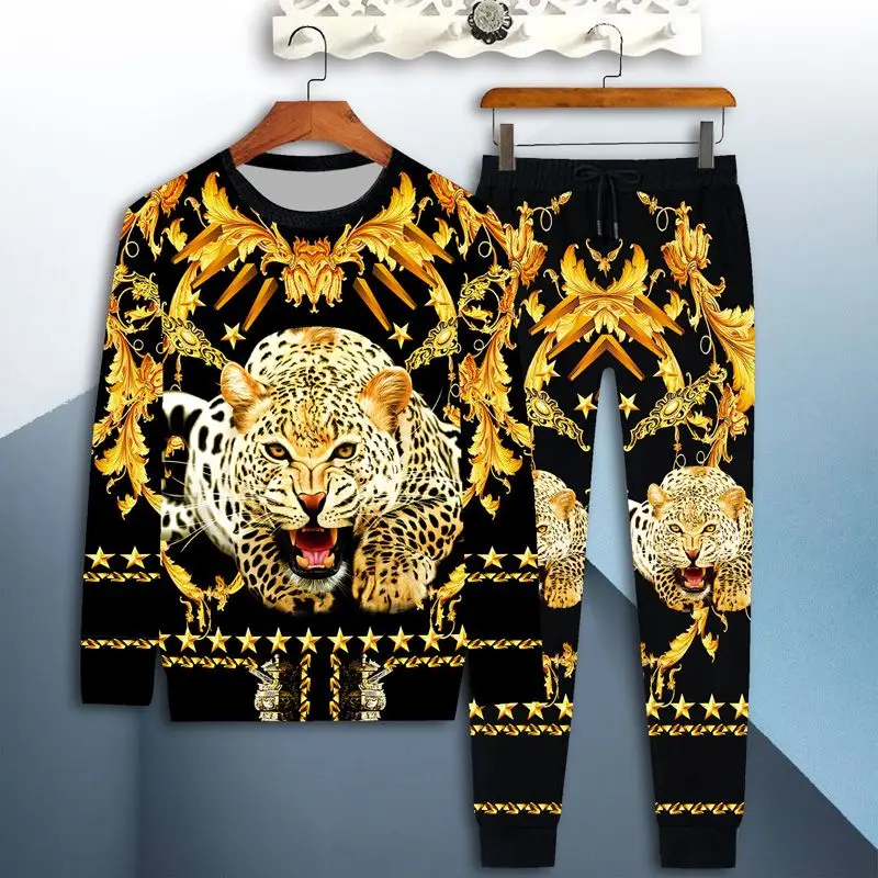 New men's sportswear suit men's 3D tiger long-sleeved casual slim T-shirt trousers 2-piece 3D dragon print T-shirt clothes 6