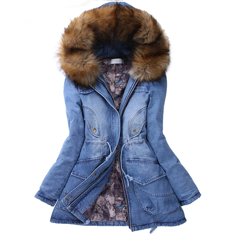 

New Denim coat female loose winter plus velvet thick fur collar Korean version of the long section hooded cotton clothing women