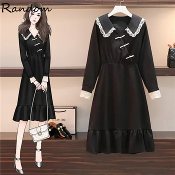 

Plus Size Women Vintage 90S Party Black Dress Autumn 2020 New Long Sleeve High Waist Shirt Chinese Cute Lace Patchwork Dresses