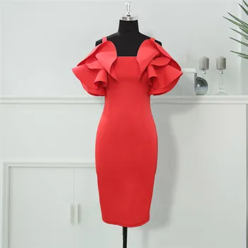 

2020 Women Red Bodycon Dresses Ruffles Stylish Party Event Midi Dress Elegant Slim Vestido African Date Out Celebrate Occasion