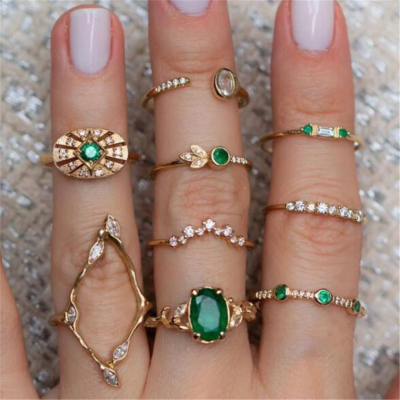 HuaTang Boho Rhinestone Rings for Women Gold Color Heart Carving Wave Crystal Knukle Wedding Rings Set Jewellery Anillos