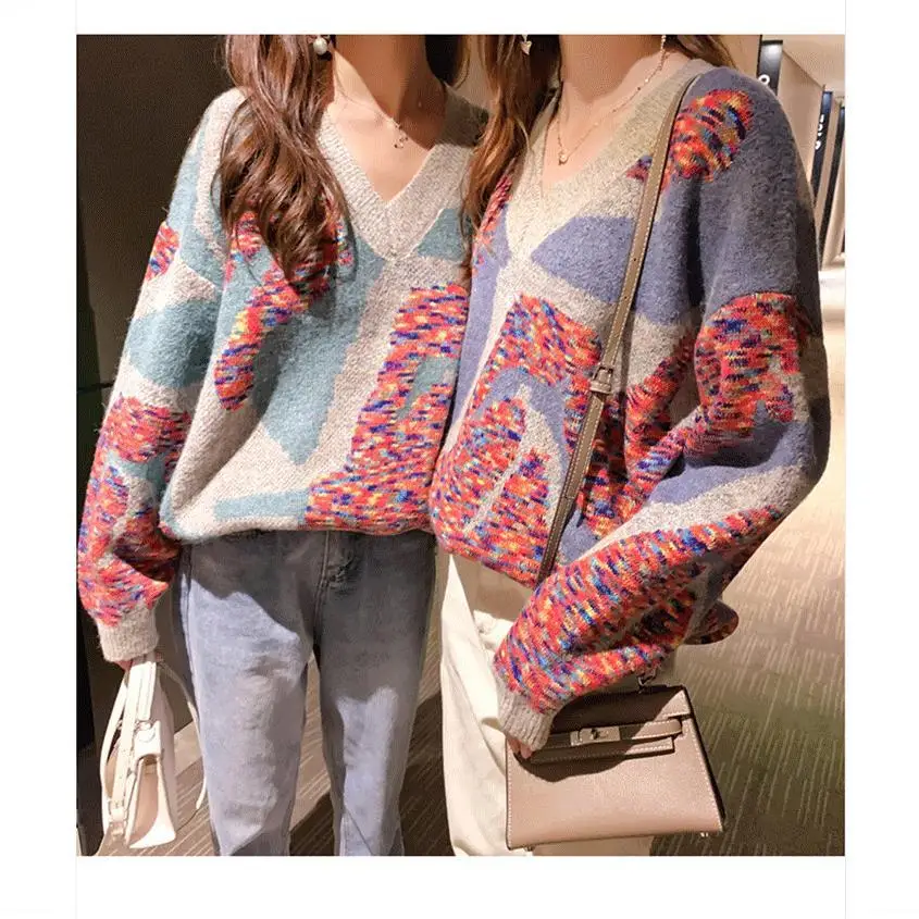 Najtaniej Netto czerwony sweter nadruk retro super bajkowe top sweter żeński sweter V neck długa koszula zachodnia jesień i zima koreański v