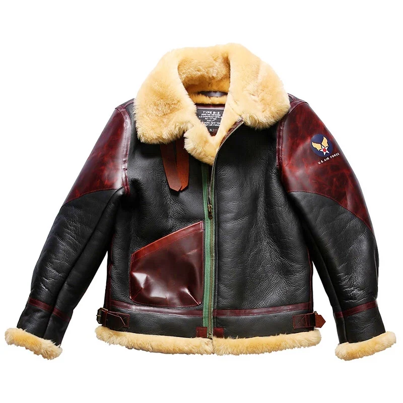 AVB3 European US Size High Quality Super Warm Genuine Sheep Leather Coat Mens Big B3 Shearling Bomber Military Fur Jacket