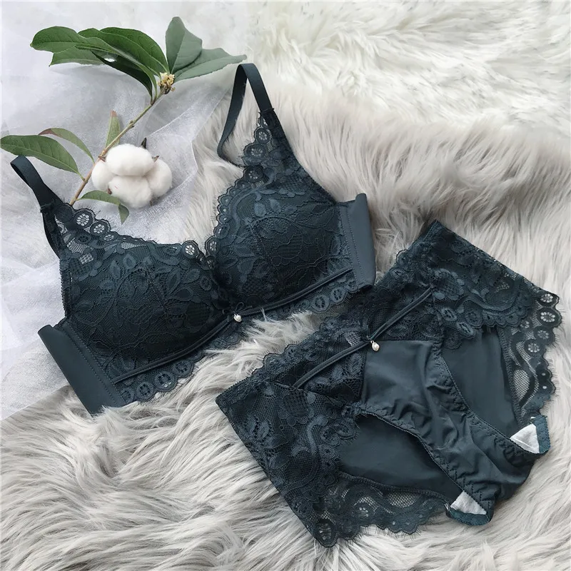 Сексуальный кружевной оправы комплект с бюстгальтером для женщин присборенный