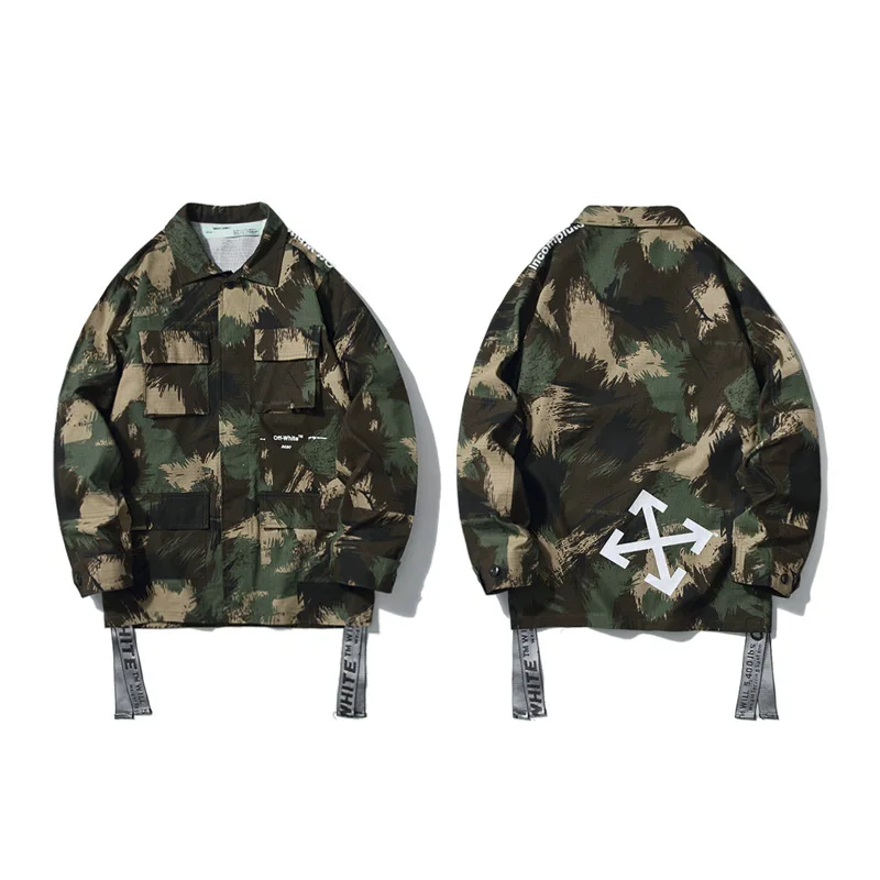 

Europe And America 19ss off Ow White Camouflage Tooling Jacket Shirt Coat Men And Women Couples Celebrity Style Versatile