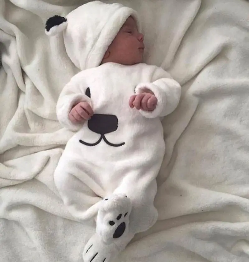 Newborn Baby Kids Jumpsuit Cute Bear Fleece Warm Top Pant Cap Clothing Children Hooded Romper Lovely Toddler Girls Boys Clothes