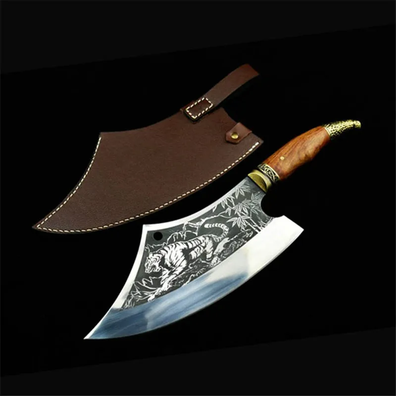 New Household Hand Forged Cleaver Knives Sliced Chopping Knife Hand made Sharp Arc Chef Kitchen Knife Accessories with PU Cover
