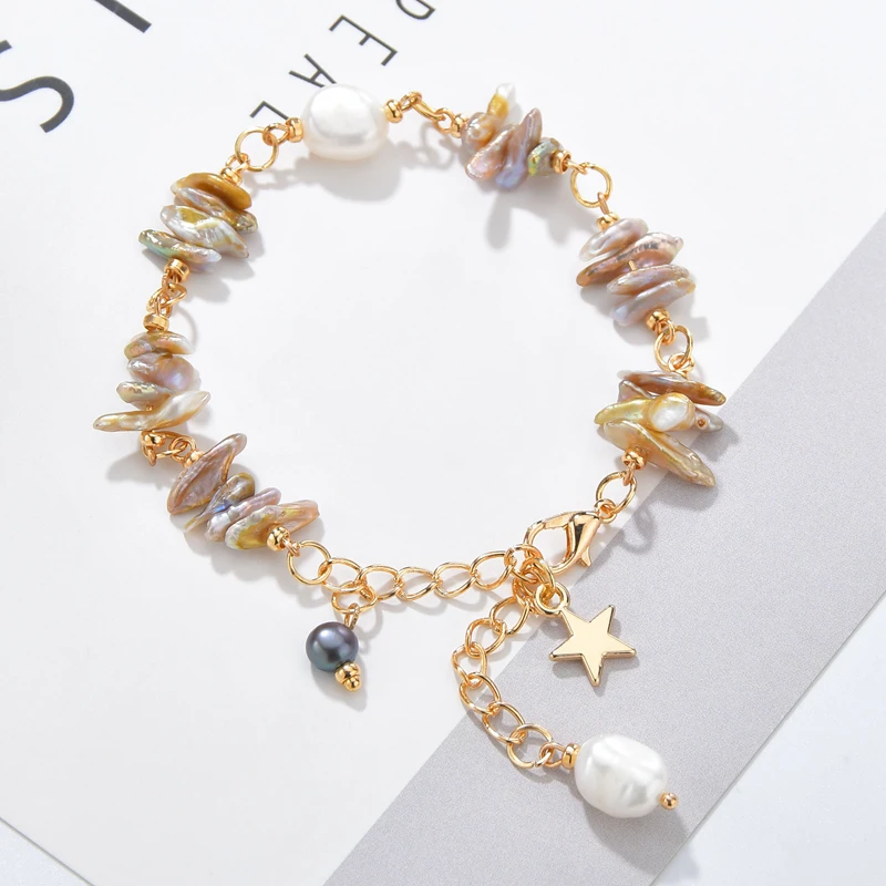 

New Irregular Geometric Shaped Charms Pearls Bracelets For Women Adjustable Baroque Natural Freshwater Pearl Bangle Jewelry Gift