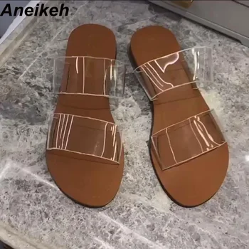 

Aneikeh NEW 2020 Summer Fashion PVC Transparent Flat Sandals Slide Women Jelly Slippers Shoes Soft soles Mules Beach Flip Flops