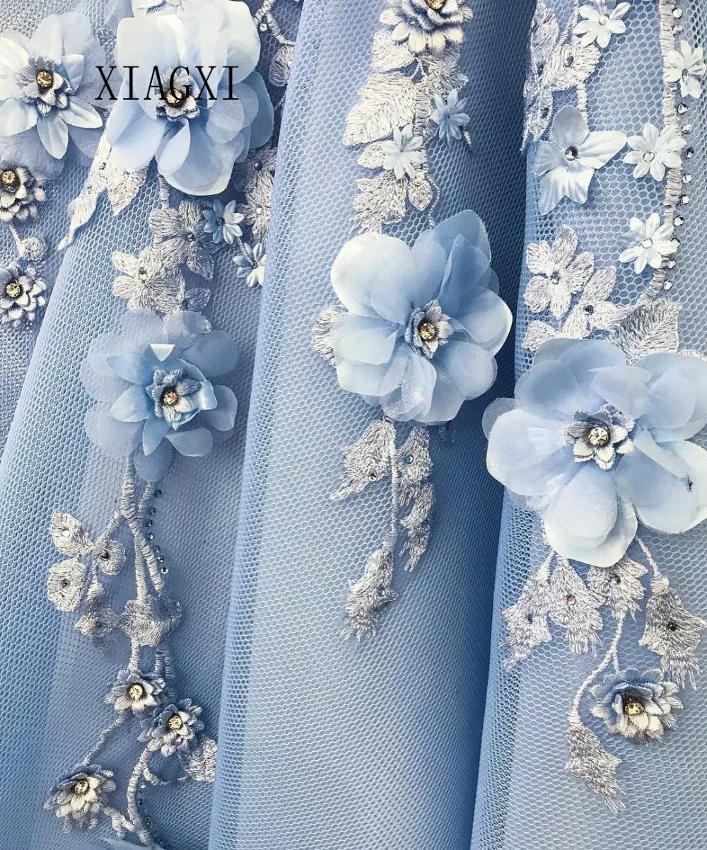 Vestidos небесно-голубое вечернее платье трапециевидной формы с открытыми плечами 3D цветок Длинные вечерние платья с аппликациями Длинные платья для выпускного вечера
