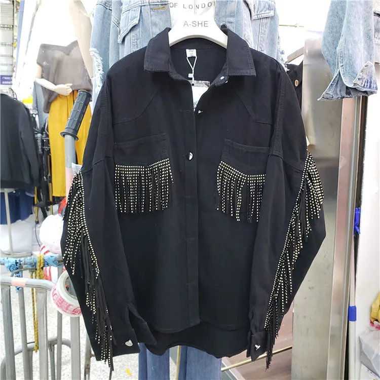 Новая сверхпрочная черная джинсовая куртка с длинными рукавами и бахромой Женская свободная