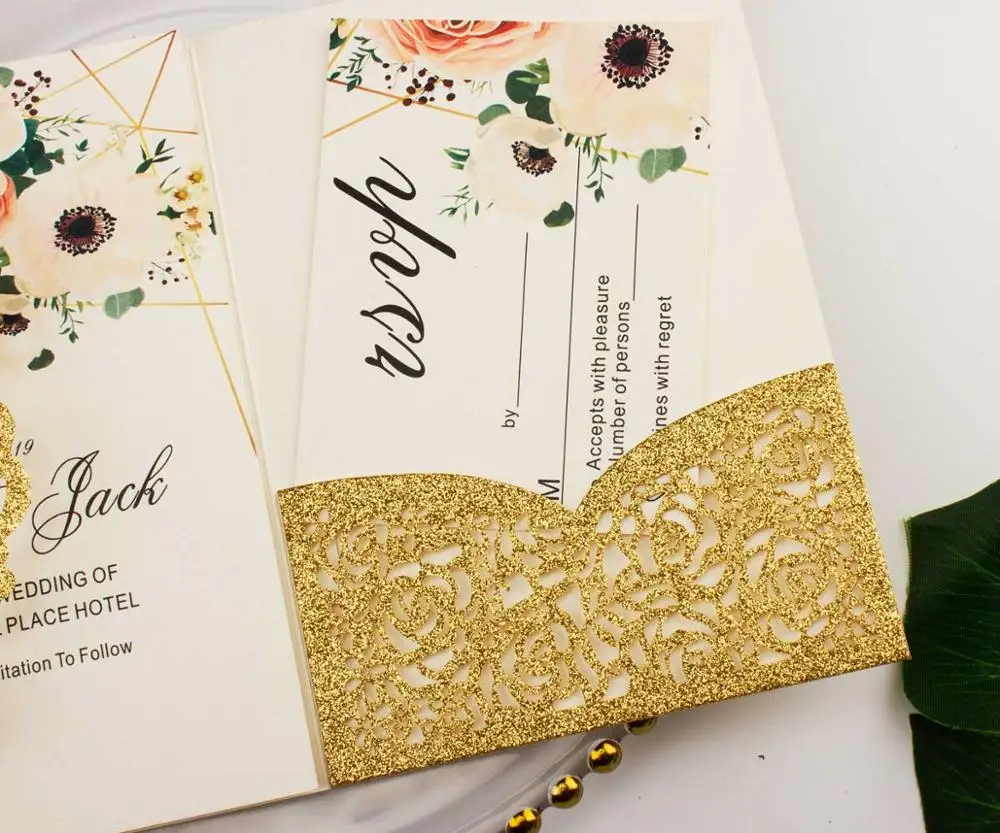 gold glitter 1 шт, бордовый, темно-синий, розовый, золотой, фиолетовый, Цветочный, трехкратный, лазерная резка, карман для свадебных приглашений, пригласительный конверт - Цвет: gold glitter