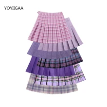 Purple Women Pleated Skirts High Waist Woman Plaid Mini Skirt Preppy Style Casual Female Skirts Sweet A-line Ladies Short Skirt