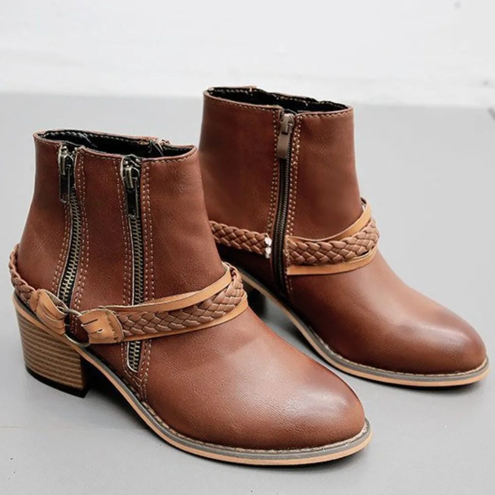 

Zip Flat Ankle Boots Women PU Leather Vintage Boots Locomotive Martens Boots Strap Punk Shoes Woman Booties