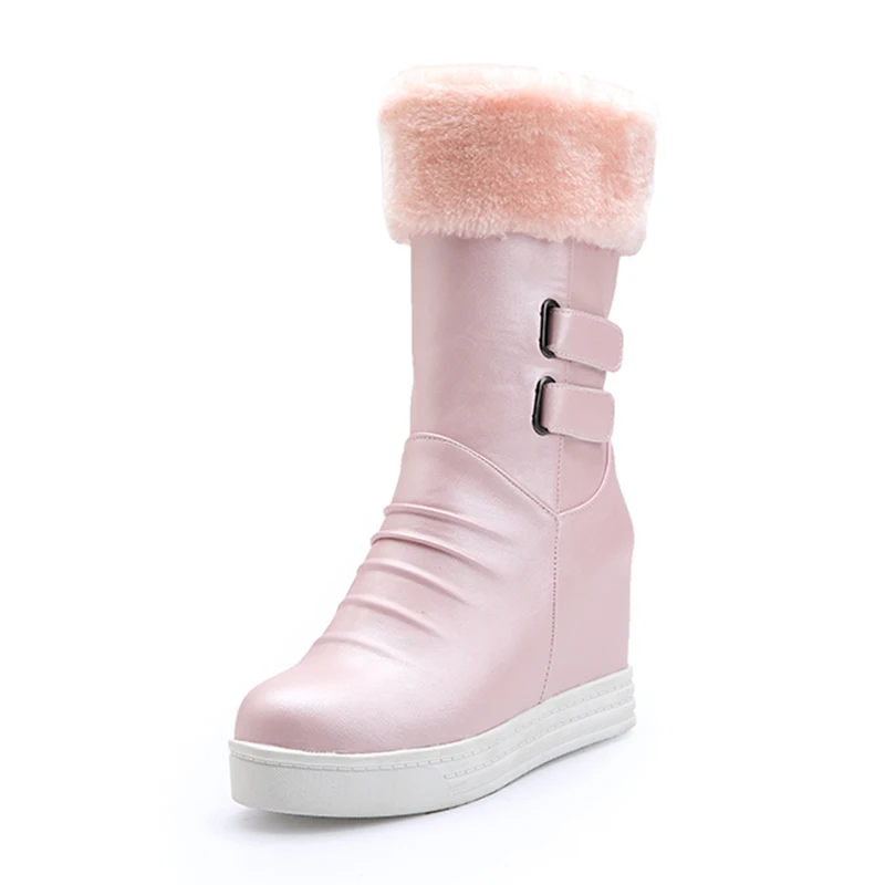 pink Gdgydh/Русская теплая обувь; женские плюшевые зимние ботинки; женские зимние ботинки из искусственной кожи, визуально увеличивающие рост; Плюшевые ботинки из водонепроницаемого материала; размер 43 - Цвет: pink