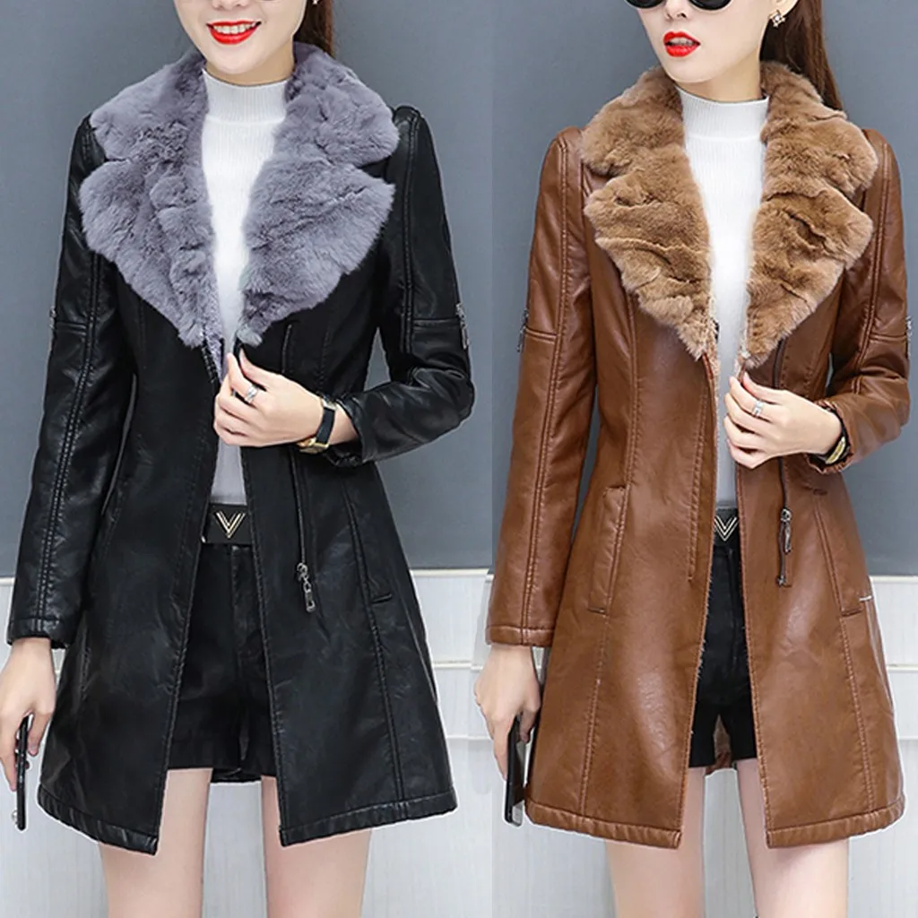 Fashion Pure Colour Long Sleeve Coat Leather Jacket Women Big Size Lapel Thick Long Sleeve Loose Coat