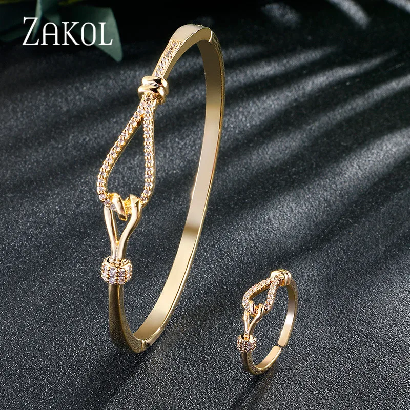 Gold Color ZAKOL Романтический кубический цирконий сердце обертывание Сладкий Свадебный ювелирный браслет кольцо Набор для женщин свадебный ужин подарок на день рождения FSSP3120 - Окраска металла: Gold Color