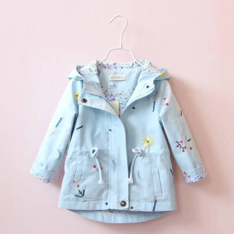 

2019 Floral-Print New Style Korean-style Girls Spring And Autumn Embroidered Trench Coat Baby GIRL'S Drawstring Hooded Coat Chil