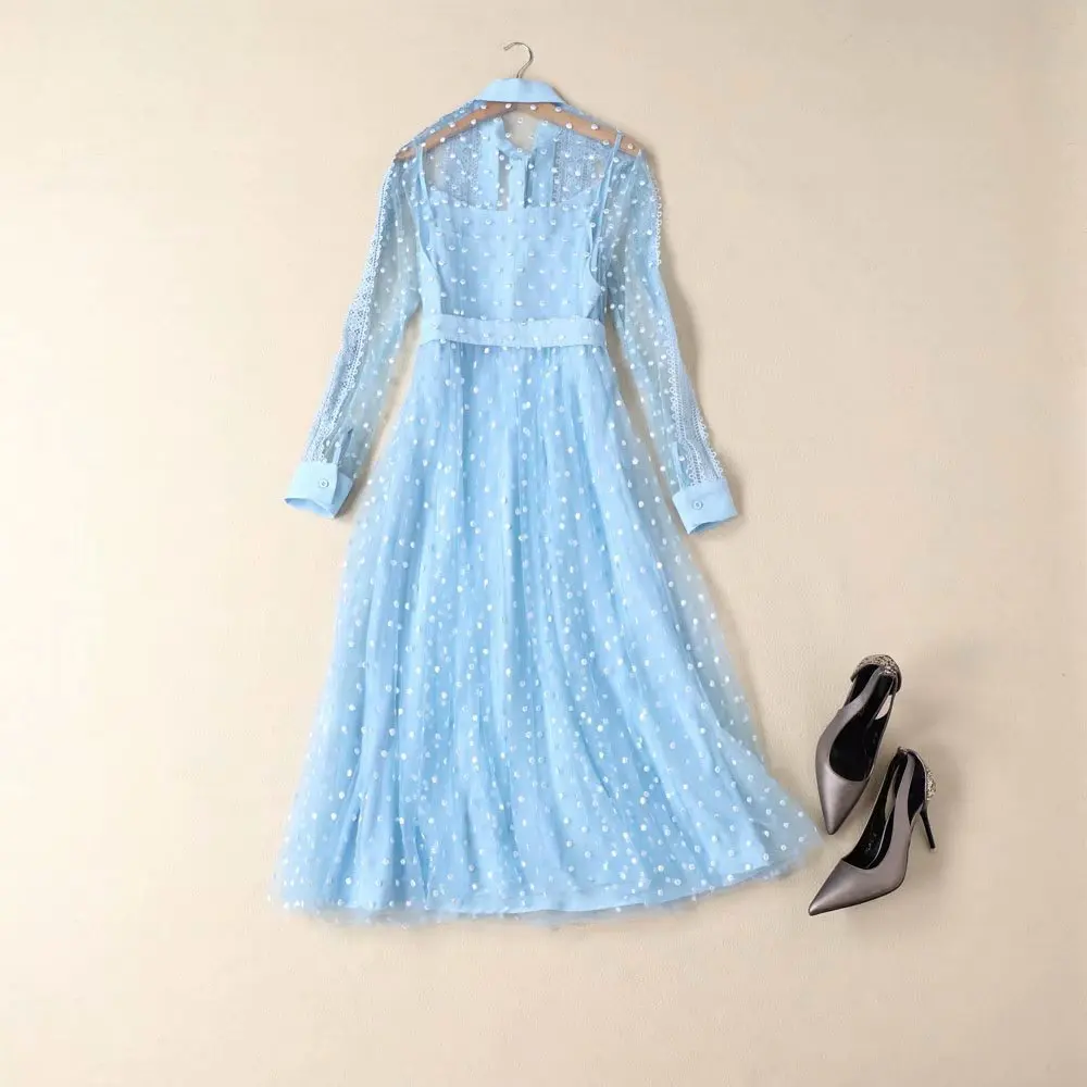 Высококачественное синее Сетчатое платье в горошек с вышивкой женское осеннее элегантное плиссированное платье миди с длинным рукавом и бантом платье для подиума