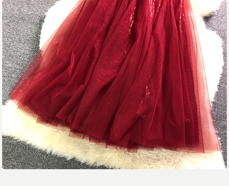 Макси-красная сетчатая юбка женская тонкая винно-красная юбка с блестками, длинный подол, длинная юбка лето-осень 2019, женские вечерние юбки
