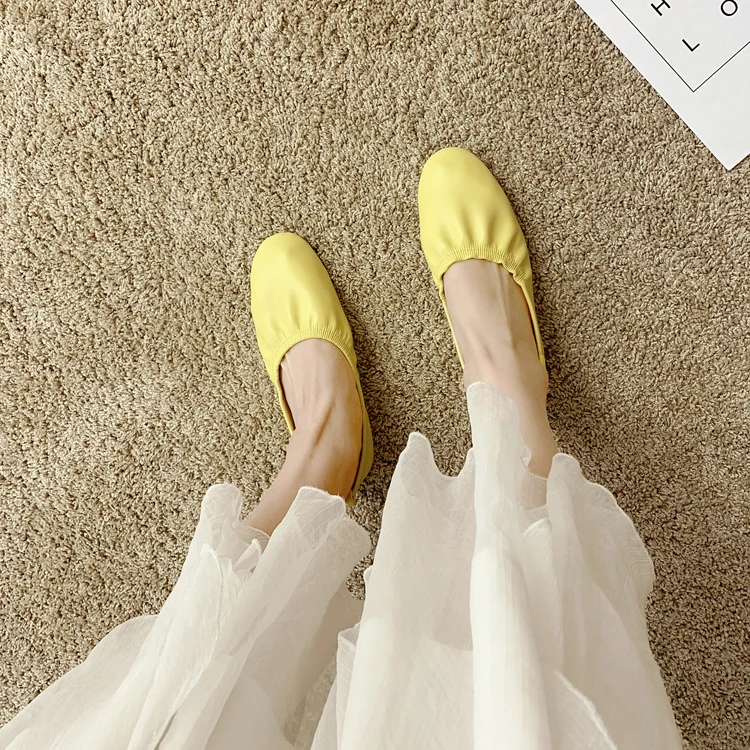 Brief solid leather flats pleated soft bottom round toe comfy shoes woman fresh elastic moccasins slip on shallow lazy loafers