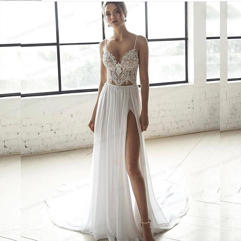 LSYX Bohemian Wedding Dress Beach Two Pieces 2  A-line Sweetheart Bohemian Bridal Gowns Sleeveless Simple Sweep Train Charming bohemian a line wedding dress scoop sheer neck chiffon floor length simple button back applique cap sleeve beach bridal gowns